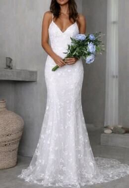 Hebeos Lace Mermaid Wedding Dress Open Back Ivory Bridal Gown Women Sz 6 Elegant